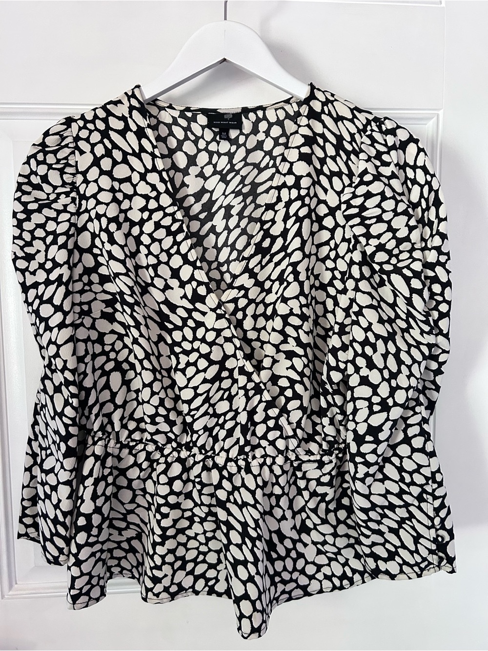 Who What Wear Black & Cream Printed Wrap Peplum Blouse
